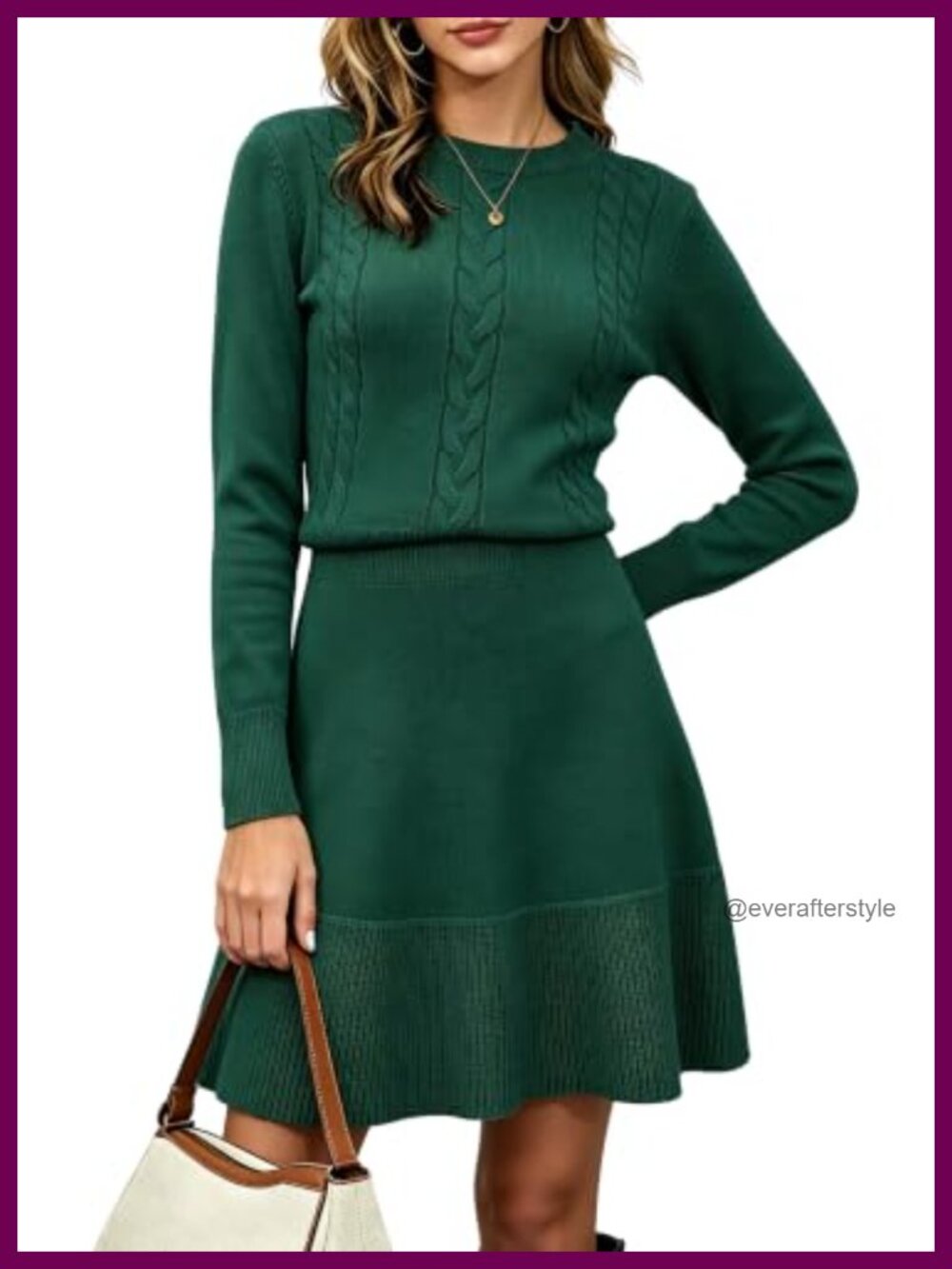 Cable Knit Sweater Dress A-Line High Waist Long Sleeve Mini
